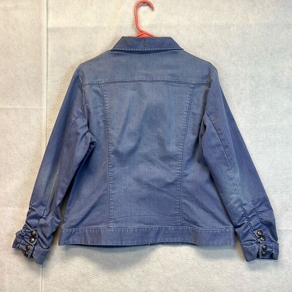 CHICO'S Platinum Jacket Women's Size 2 (Large) Blue Denim Full Zip Ruched Sleeve - Picture 11 of 16